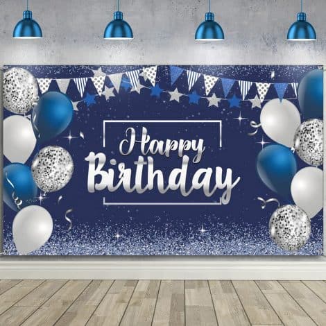 Silver and navy blue Happy Birthday decorations backdrop, glitter sign, banner for men, women, and kids. 72.8″ x 43.3″.