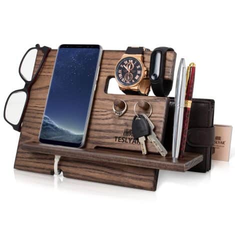 Wooden docking station with key hooks, wallet stand, and watch organizer- a practical gift for men.