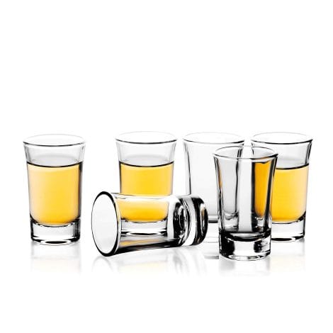 Set of 6 clear shot glasses, perfect for tequila, rum, vodka, or liqueur. Fun for parties and weddings. Dishwasher safe.