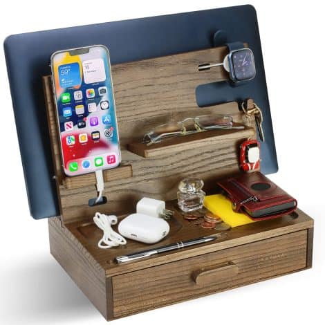 Walnut Wood Docking Station: Sleek Nightstand Organizer for Both Genders – Holds Gadgets, Wallet, Watch, Keys, and Phone