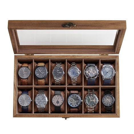 Rustic Walnut Watch Box: Store and display 12 watches in this solid wood organizer. Perfect gift idea!