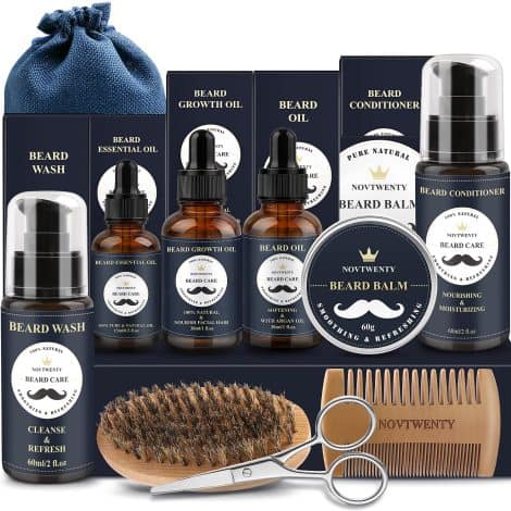 Complete beard care set with premium products and accessories; perfect gift for men.