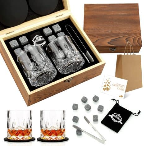 Men’s Whiskey Gift Set: Granite Whiskey Stones, Glasses, and Glass Box – Perfect Birthday Present for Dad, Husband, or Party.