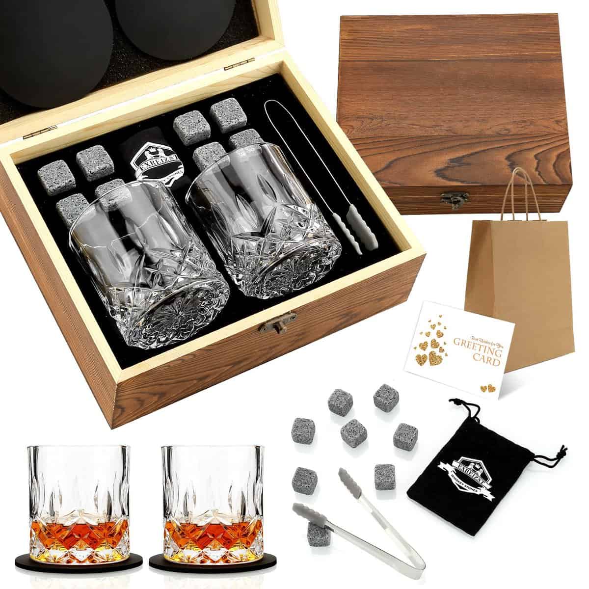 Whiskey Gifts for Men - Whiskey Stones and Glasses Gift Set - Granite Chilling Stones Whiskey Rocks - Scotch Bourbon Whiskey Glass Gift Box - Drinking Gifts for Men Dad Husband Birthday Party Present