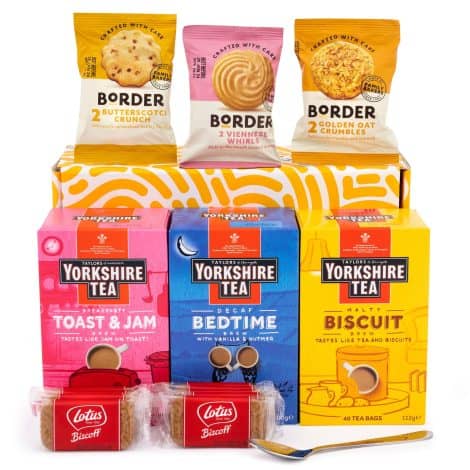 English Tea Lovers Bundle: Classic British teas, Lotus Biscoff Cookies, Border Biscuits, poem, and teaspoon.