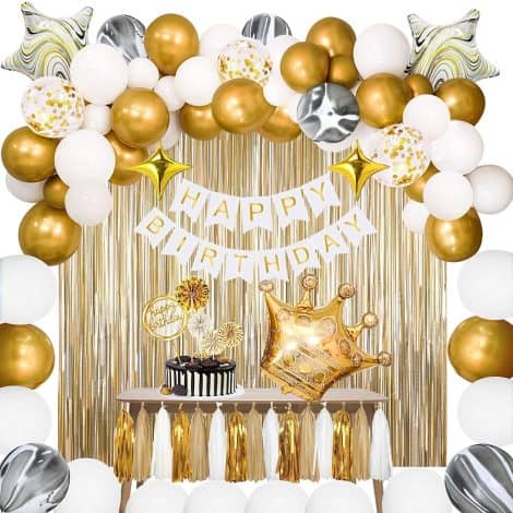 Celebrate with AM ANNA’s Gold White Confetti Balloons and Banner Party Supplies for an unforgettable birthday.