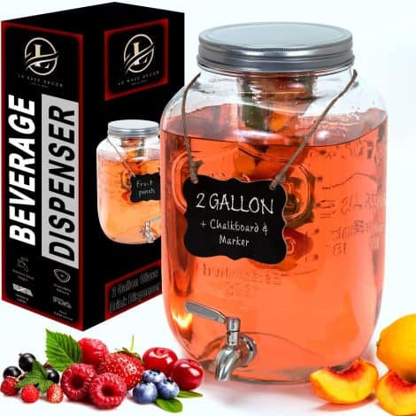 PartyPerfect 2-gallon glass drink dispenser with leakproof spigot, marker, label, fruit infuser – versatile and stylish!