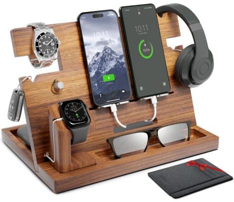 ETERLUCK Wood Docking Station for Men, Nightstand Organizer Set with RFID-Blocking Leather Wallet – Charging Dock, Phone and Tablet Stand, Gifts for Husband from Wife, Dad – Walnut.