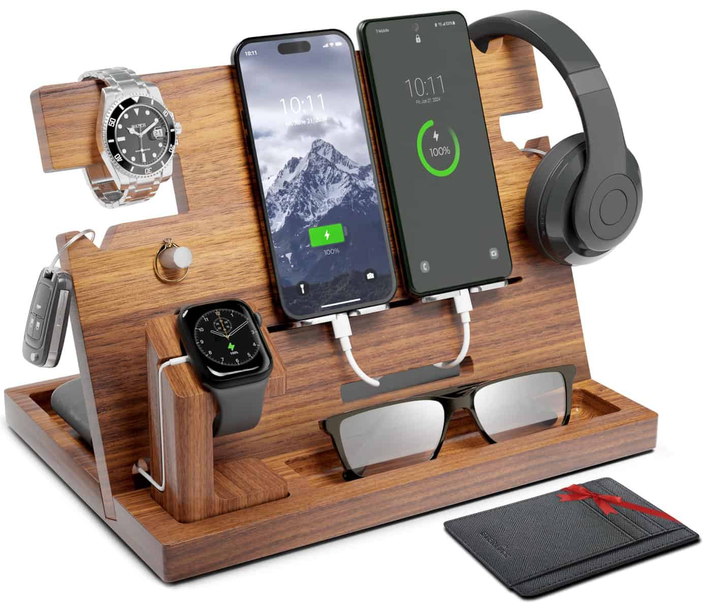 ETERLUCK Wooden Docking Station Men, Nightstand Organizer Bundle w/ RFID Blocking Leather Wallet - Charging Station, Cell Phone Stand, Tablet Stand, Husband Gifts from Wife, for Dad - Walnut