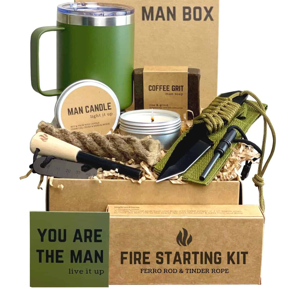 Man Box Gifts for Men - Mens Birthday Gift Basket Set w/ Unique Gift Ideas for Him Dad Brother Son Husband Boyfriend Friend Fathers Coworker Boss Camping Enthusiast Adventurous Outdoorsman Manly Guy