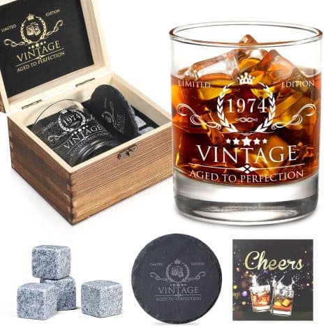 “Wood Box with Whiskey Glass Set – Perfect 50th Birthday Gift for Him, Dad, Husband, Friends!”