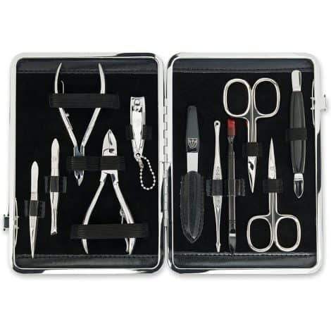 3 Swords Germany presents a top-notch 11-piece manicure grooming kit in a stylish leather case, perfect for professional nail care.