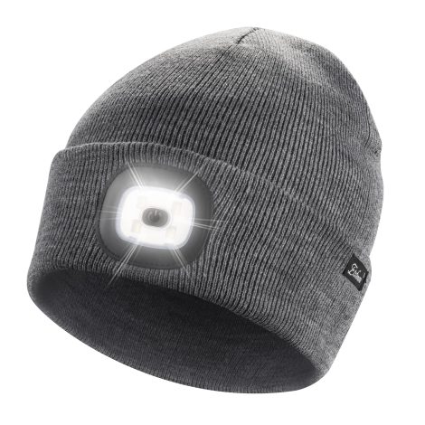 Grey USB rechargeable LED beanie hat with light, perfect as a gift for men, women, and dads.