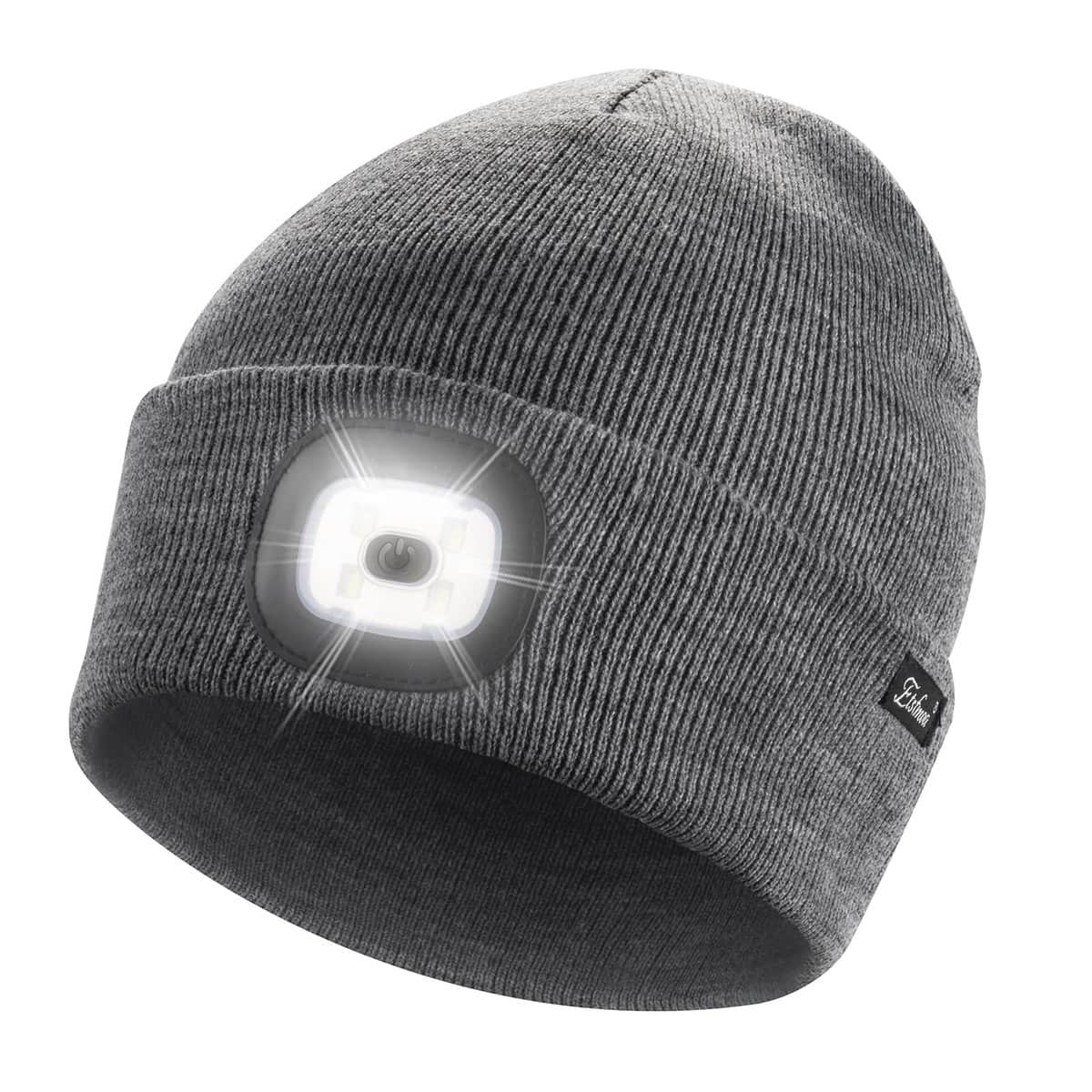 Etsfmoa Unisex LED Beanie Hat with Light, Gifts for Men Dad Women USB Rechargeable Winter Knit Lighted Headlight Hats Headlamp Cap (Grey)