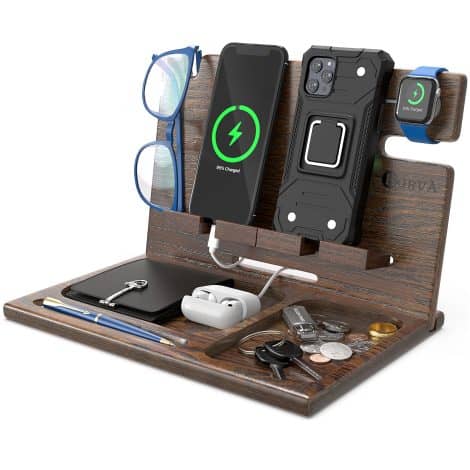 BarvA Wood Dock: Cell Phone & Smartwatch Holder, Charging Station, Nightstand Organizer – Perfect Gift for Men.