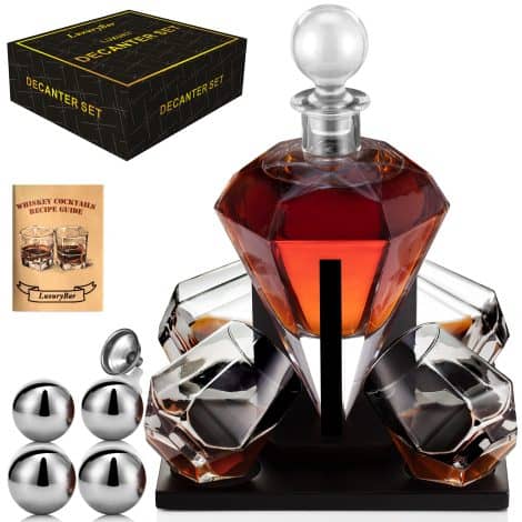 Diamond 12pc Whiskey Set: includes decanter, glasses, chiller&tray – perfect whiskey gift for men.