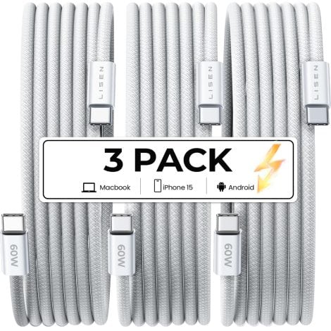 LISEN 60W 3-Pack 6.6ft Type C Charger Cable, Fast Charging for iPhone, Samsung, iPad, MacBook