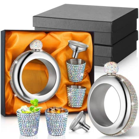 “Tioncy 2-Piece Sparkling Bracelet Flask Set: Elegant Stainless Steel Bangle Flasks, with 2 Rhinestone Shot Glasses and Funnel, in a Gift Box.”