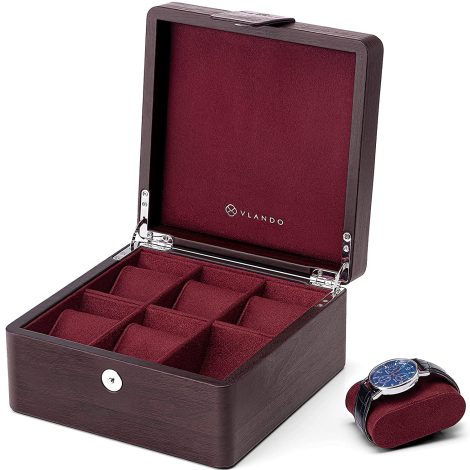 Vlando Men’s Watch Box – Luxurious Dark Brown Leather Watch Organizer with 6 Slots, Soft Pillow – Perfect Gift for Fathers, Husbands, and Friends.