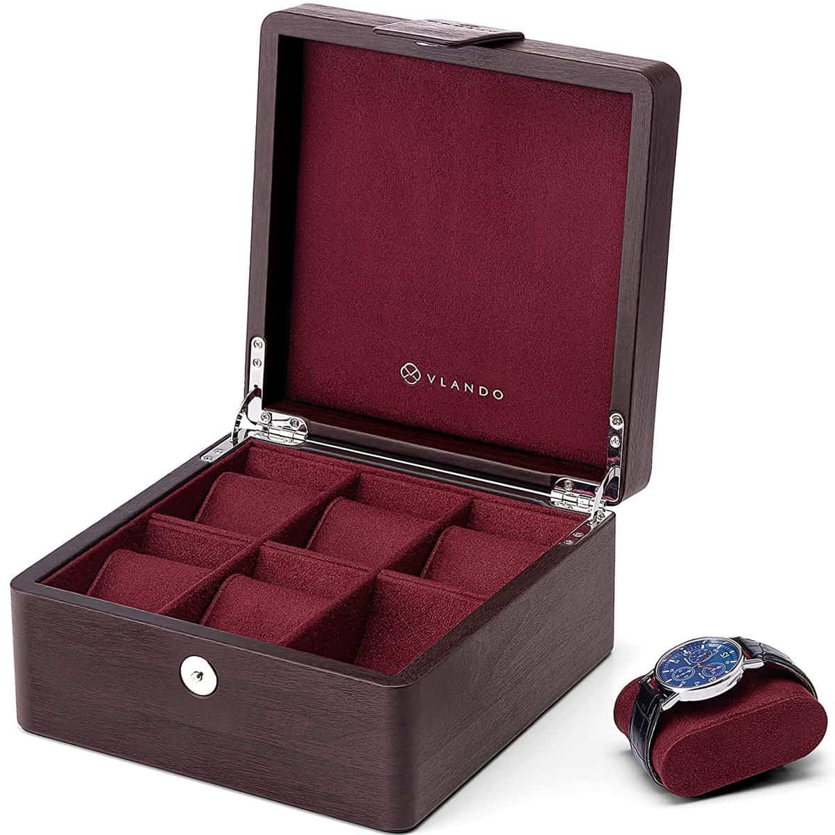 Vlando Watch Box Organize for Men, 6 Slots Watch Case with Textured Leather, Watch Holder with Soft Pillow, Gift for Fathers, Husband, Friend, Dark Brown