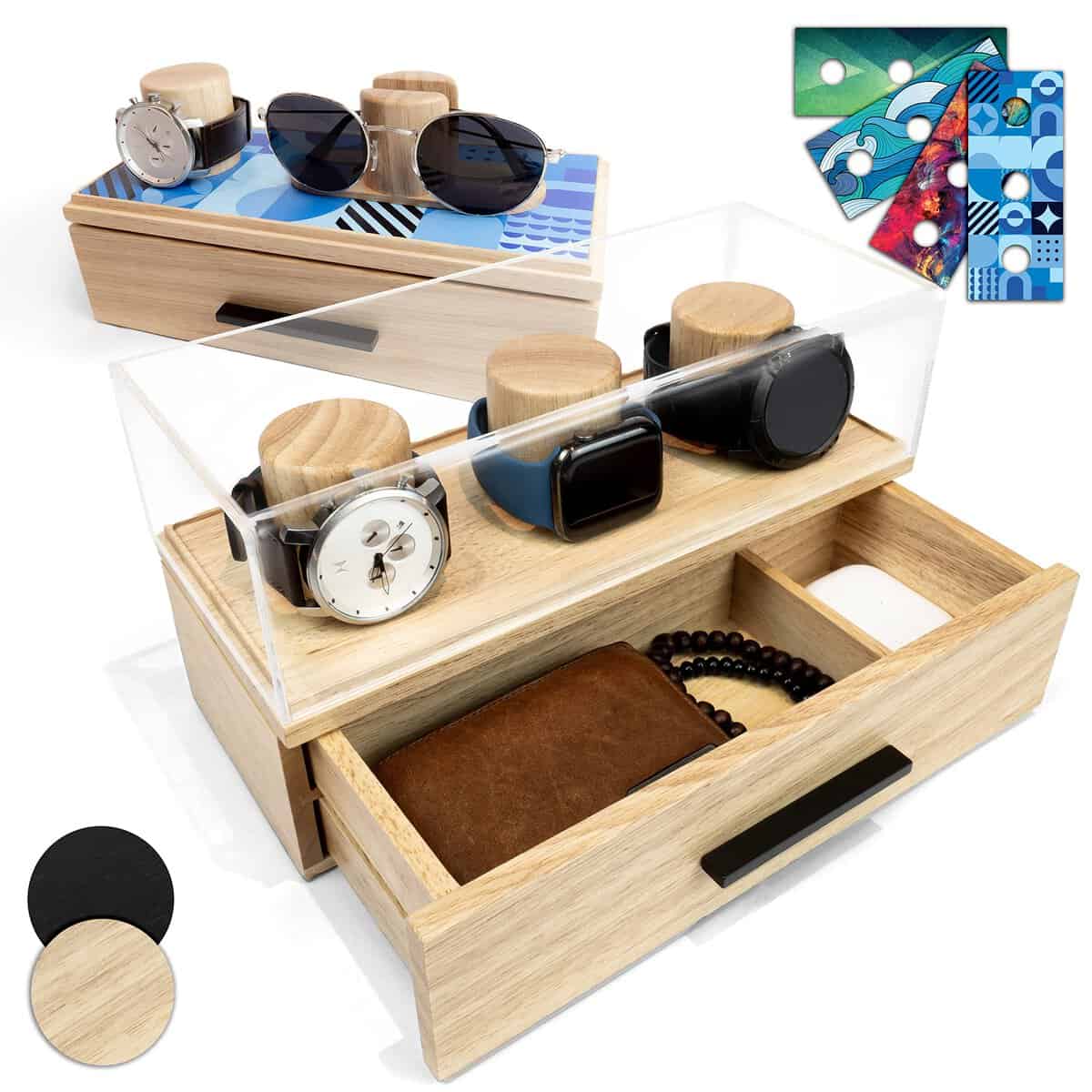 RETROFITTS Personalized Watch Display Case for Men and Sunglasses Display Stand - Fathers Day Gift - Solid Oak Wooden Watch Holder/Organizer for Men Solid Wood Watch Case Jewelry Box Rings/Glasses - Oak