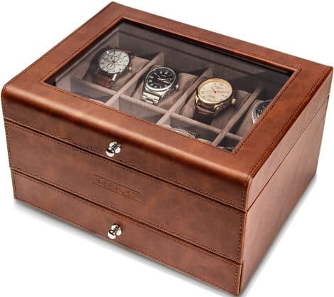 Beerust Men’s Leather Watch Box Organizer – Luxury Case for Large Wrist Watches and Jewelry. Includes Valet Drawer and Display