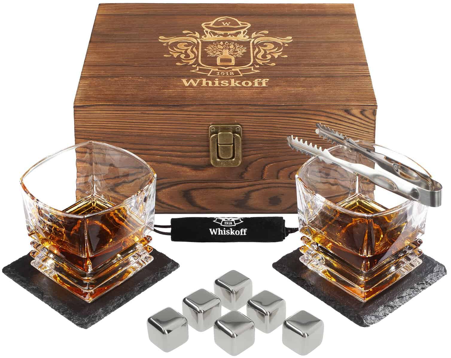 Whiskey Glass Gift Set for Men Dad - Whiskey Glasses Set of 2 - Crystal Rocks Glass with 6 Stainless Steel Chilling Stones - Bourbon Glasses Gift Set - Old Fashioned Lowball Heavy Scotch Glasses