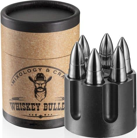 Revolver Whiskey Stones Gift Set – Stainless Steel Bullet-shaped Whiskey Chilling Rocks with Freezer Base.