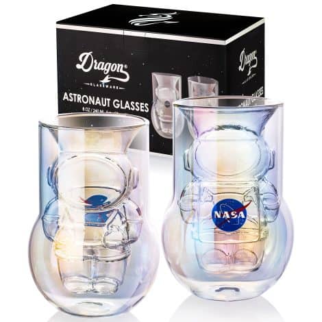 Double Wall NASA Astronaut Glasses: Iridescent Drinkware with Artemis patch for Space Enthusiasts; Keeps Drinks Cold Longer. Set of 2 – Awesome Gift!