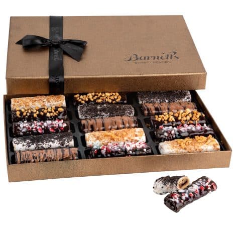 Barnetts holiday gift baskets with 15 chocolate-covered crepes, prime candy and cookie delivery for Mom, wife, sister, or daughter.