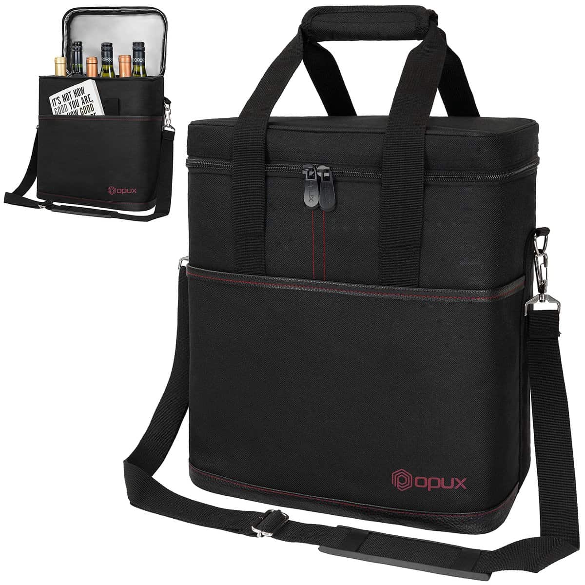 opux 6 Bottle Carrier Tote | Insulated Padded Wine Cooler Bag for Travel. Picnic, BYOB | Portable Leakproof Wine Tote Bag for Dinner, Party, Christmas, Wine Gift for Women, Men (Black)