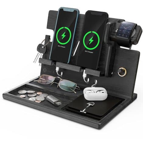 Wooden Docking Station Nightstand Organizer with Phone, Wallet, Watch, and Tablet Stand – Ideal for Home Organization.