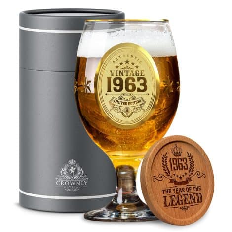 Crystal birthday beer glasses personalized for men and women turning 60 in 1963, great for dad and grandad.