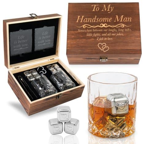 GreenCor Engraved ‘To My Handsome Man’ Crystal Whiskey Glass Set – Perfect Birthday, Valentine’s Day Gifts for Boyfriend, Fiance, Husband.