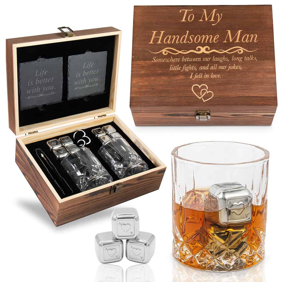 GreenCor Mens Valentines Day for Him - Engraved 'To My Handsome Man' Crystal Whiskey Glass Set for Boyfriend, Fiance, Husband - Birthday, Valentines Day Unique Gi fts for Him