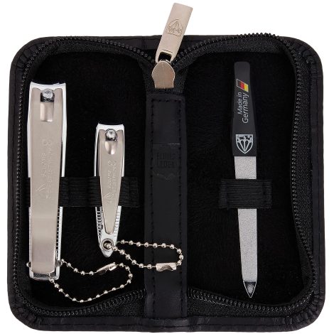 3 Swords Germany Manicure Pedicure Kit: Professional nail care set with clipper, leather case, and gift box.