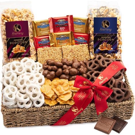 Holiday Chocolate Covered Pretzel and Nut Gift Basket with Caramel Popcorn in a Reusable Tray. Delicious American-made treats.