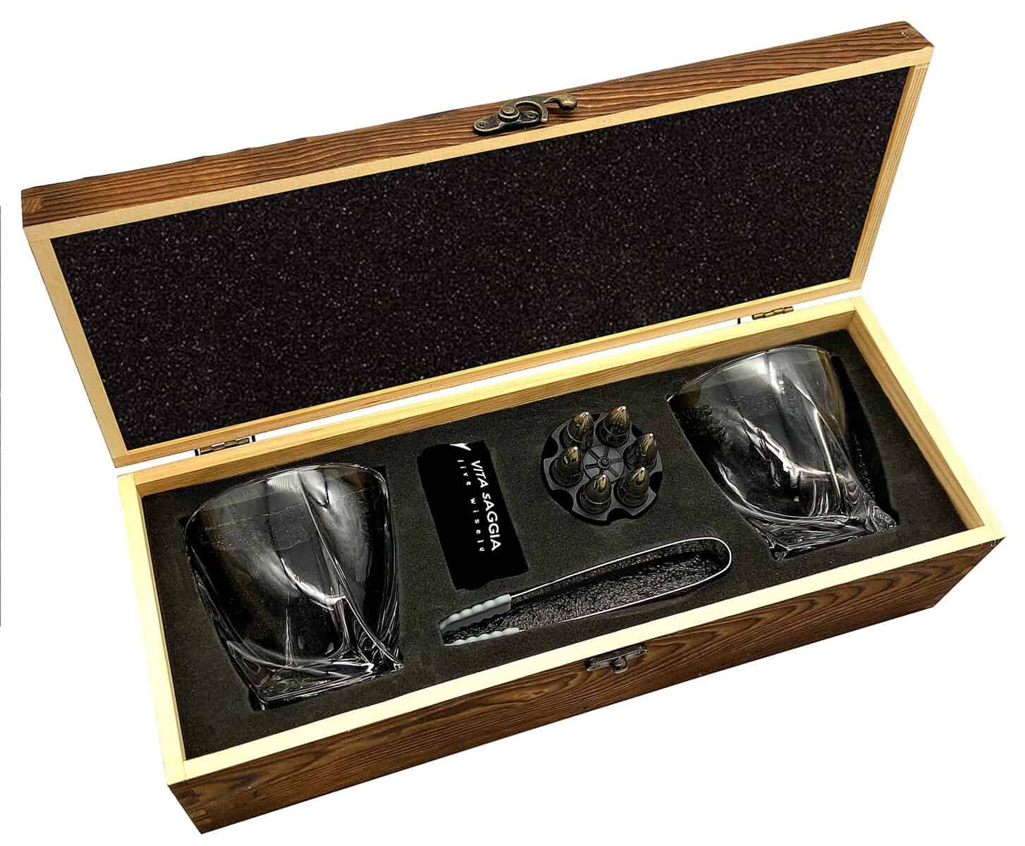 Luxury Whiskey Glass Set of 2, Gift Set in Wooden Box, Includes 6 Whiskey Ice Stones, Velvet Bag and Stainless Steel Tongs. Great Gift for Men, Dad, Christmas.