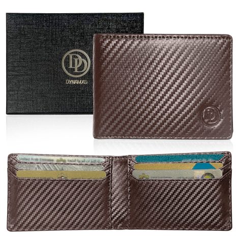 Brown carbon fiber textured slim bifold wallet made of genuine leather with RFID-blocking pockets and 9 slots for cards and cash, includes gift box.