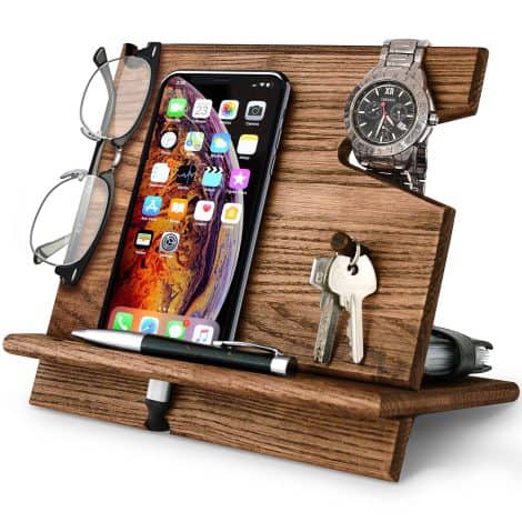 Wooden Docking Station for Phones and Accessories, Farmhouse Style Nightstand Organizer, Perfect Gift for Men.