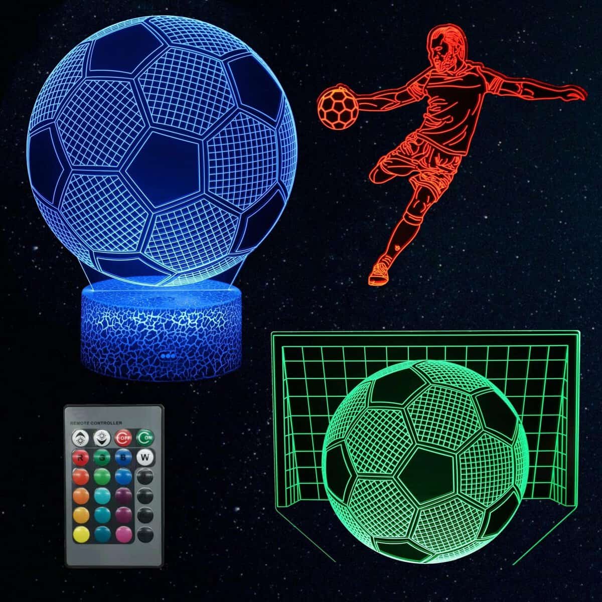 Kenmaca Night Light Soccer Player Goal for Kid Bedroom, 3D Illusion Lamp, 3 Patterns 16 Colors Change Dimmable Room Décor, Smart Touch & Remote Control, Christmas Birthday Gift Boy Girl Teen Sport Fan