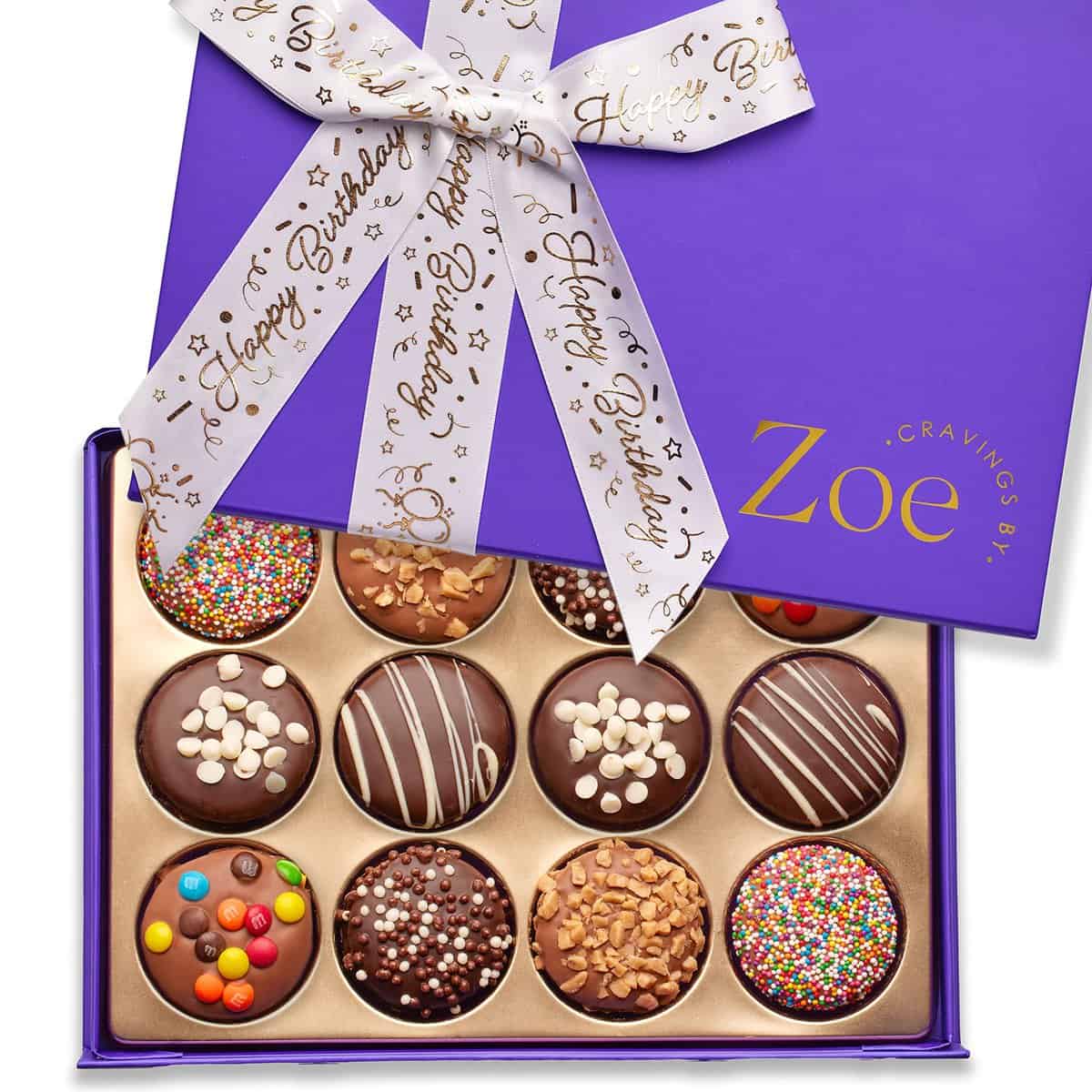 CRAVINGS BY ZOE Happy Birthday Chocolate Cookies Gift Box Chocolate Covered Oreos Sandwich Cookies Gift Basket Birthday Gift for Mom Dad Husband Wife Unique Gift Ideas Gourmet Gift Basket (12 pc)