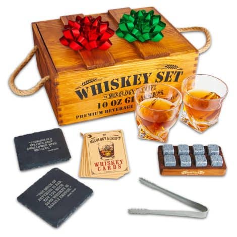 Whiskey Lover’s Gift Set with Wooden Box, 8 Chilling Stones, 10oz Glasses. Perfect for Men, Dad, Husband.