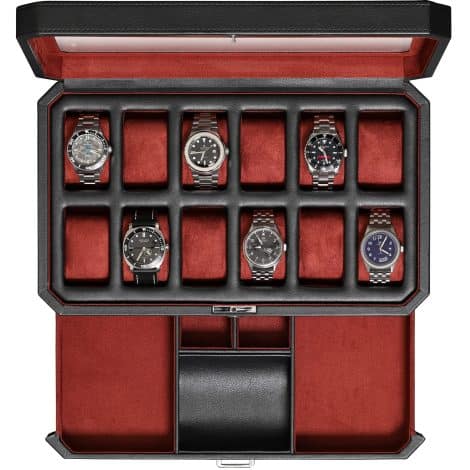 Luxurious men’s watch organizer – ROTHWELL VALR Watch Box with Valet Drawer, 12 slots, glass top, locking feature.