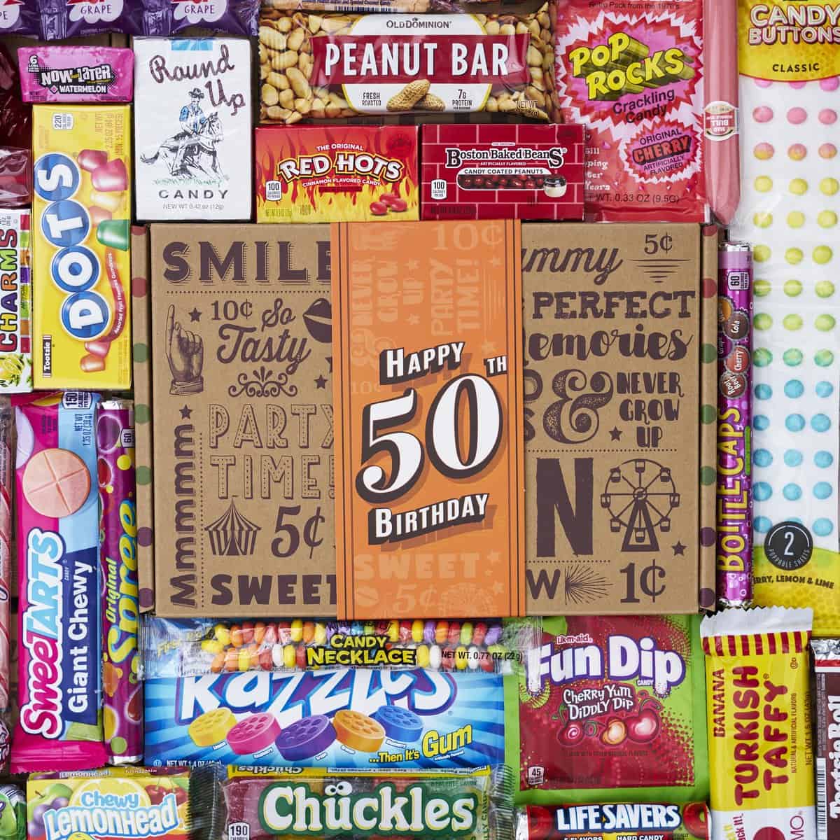 VINTAGE CANDY CO. 50TH BIRTHDAY RETRO CANDY GIFT BOX - 1972 Decade Nostalgic Childhood Candies - Fun Gag Gift Basket For Milestone FIFTIETH Birthday - PERFECT For Man Or Woman Turning 50 Years Old