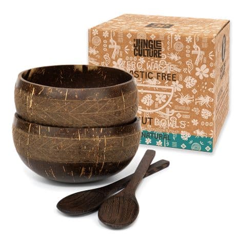 Jungle Culture® Coconut Bowl and Spoon Set includes organic wooden bowls, reusable straw, and pouch. Perfect eco-friendly gift for food, smoothies, and salads.