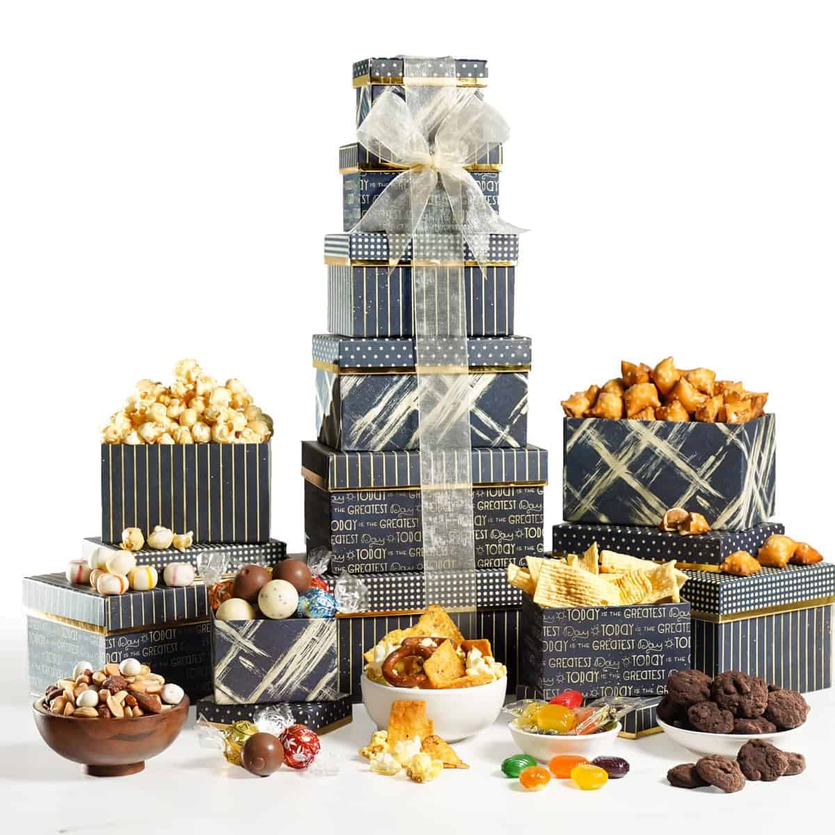 Broadway Basketeers Gourmet Food Gift Basket 6 Box Tower for Birthdays – Curated Snack Box, Sweet and Savory Treats for Parties, Best Wishes, Birthday Presents for Women, Men, Mom, Dad, Her, Him,