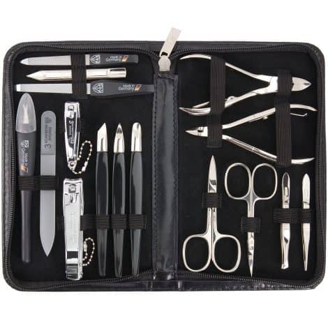 3 Swords Germany: High-quality 16-piece nail care set with professional tools, stylish leather case, perfect for gifting. Made in Germany.