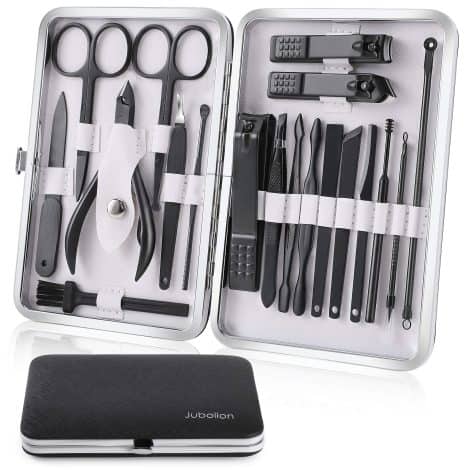 Jubolion Manicure Kit: 19pcs Stainless Steel Nail Clippers Set in Black Leather Case. Great Travel/Home Gift for Women and Men.