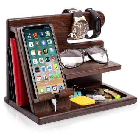 Teslyar Ash Wood Docking Station: Multifunctional Phone Stand, Key Holder, Wallet and Watch Organizer, Perfect Gift for Men.